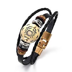 Cancer Braided Leather Cord Retro Multi-strand Bracelets, with Wood Beads, Hematite Beads and Alloy Findings, Flat Round,  Antique Bronze, Cancer, 8-1/4 inch(21cm)