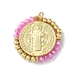 Pearl Pink Rack Plating Real 18K Gold Plated Brass Saint Benedict Pendants, with Glass Beaded, Cadmium Free & Lead Free, Long-Lasting Plated, Pearl Pink, 25.5x3mm, Hole: 4.3mm