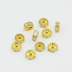 Golden Brass Rhinestone Spacer Beads, Grade B, Clear, Golden Metal Color, Size: about 8mm in diameter, 3mm thick, hole: 1.5mm