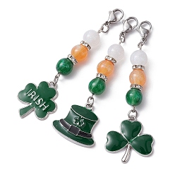 Dark Green Saint Patrick's Day Alloy Enamel Pendants Decoraiton, with Round Resin Beads and 304 Stainless Steel Lobster Claw Clasps, Clover & Hat, Dark Green, 70~72mm, 3pcs/set