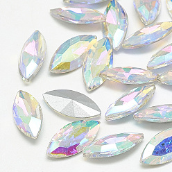 Crystal AB Pointed Back Glass Rhinestone Cabochons, Back Plated, Faceted, Horse Eye, Crystal AB, 15x7x4mm