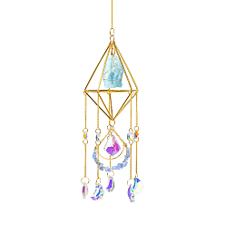 Aquamarine Golden Iron Wind Chime, with Natural Aquamarine, Crystal, for Outside Yard and Garden Decoration, 450mm, Hole: 11mm