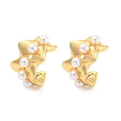 Real 18K Gold Plated Rack Plating Brass Wave Cuff Earrings with Plastic Pearl, Long-Lasting Plated, Lead Free & Cadmium Free, Real 18K Gold Plated, 12.5x17x11mm
