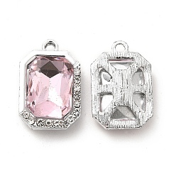 Pink Colgantes de cristal de aleación, colgante de rectángulo octágono de diamantes de imitación de cristal, Platino, rosa, 21x14x6 mm, agujero: 1.8 mm