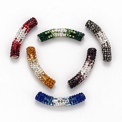 Mixed Color Polymer Clay Rhinestone Tube Beads, Grade A, with Double Brass Core, Tube, Platinum Color, Mixed Color, PP17(2.3~2.4mm), 47x9mm, Hole: 4mm