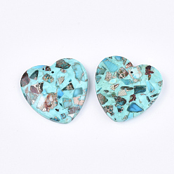 Cyan Assembled Synthetic Imperial Jasper and Turquoise Pendants, Dyed, Heart, Cyan, 38.5~39.5x40~40.5x7~7.5mm, Hole: 1.4mm