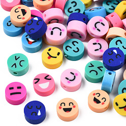 Mixed Color Handmade Polymer Clay Beads, Flat Round with Expression, Mixed Color, 9~10x4~5mm, Hole: 1.6mm