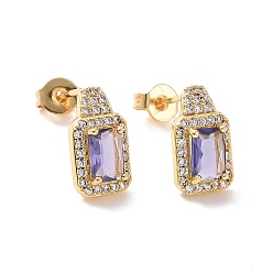 Lilac Cubic Zirconia Rectangle Stud Earrings, Real 18K Gold Plated Brass Jewelry for Women, Cadmium Free & Nickel Free & Lead Free, Lilac, 16x7x4mm, Pin: 0.6mm