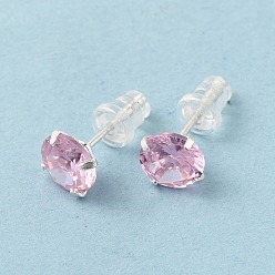 Pink Серьги-гвоздики с кубическим цирконием и бриллиантами, 925 ювелирные изделия из стерлингового серебра для женщин, розовые, 15~16x7 мм, штифты : 0.8 мм