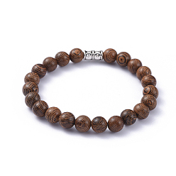 Wood Wood Beads Stretch Bracelets, with Tibetan Style Alloy Tube Bails, Round, 2-1/4 inch(5.8cm), Beads: 8~8.5mm