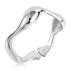 Platinum Rhodium Plated 925 Sterling Silver Wave Open Cuff Ring for Women, Platinum, US Size 5 1/4(15.9mm)