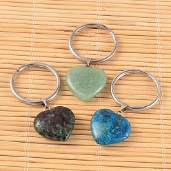 Mixed Stone Heart Natural & Synthetic Mixed Gemstone Keychain, with 316 Surgical Stainless Steel Keychain Clasps, 48mm