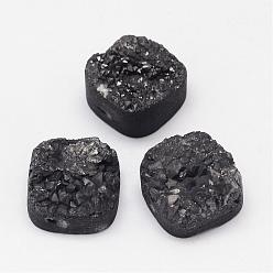 Black Plated Electroplated Natural Druzy Quartz Crystal Beads, Square, Black Plated, 14~15x14~15x8~9mm, Hole: 1.5mm