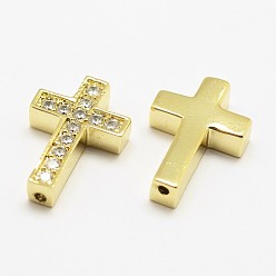 Real 18K Gold Plated Brass Micro Pave Grade AAA Cubic Zirconia Beads, Cross, Cadmium Free & Nickel Free & Lead Free, Real 18K Gold Plated, 18.8x12.8x3.8mm, Hole: 1.5mm