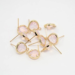 Lavender Blush Real 18K Gold Plated Tone Brass Glass Stud Earring Findings, with Loop, Faceted Triangle, Nickel Free, Lavender Blush, 13x11x4.5mm, Hole: 1mm, Pin: 0.6mm