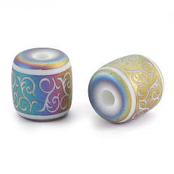 Multi-color Plated Electroplate Glass Beads, Frosted, Barrel with Vine Pattern, Multi-color Plated, 12x11.5mm, Hole: 3mm, 100pcs/bag