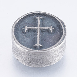 Antique Silver 304 Stainless Steel Beads, Flat Round with Cross, Antique Silver, 10.5x5mm, Hole: 2mm