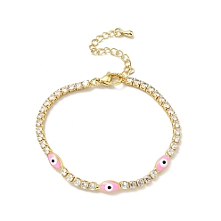 Pearl Pink Enamel Horse Eye Link Bracelet with Clear Cubic Zirconia Tennis Chains, Gold Plated Brass Jewelry for Women, Cadmium Free & Lead Free, Pearl Pink, 7 inch(17.7cm)