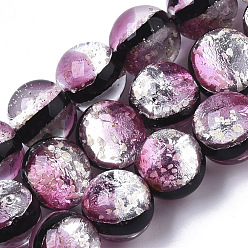 Hot Pink Handmade Silver Foil Glass Lampwork Beads Strands, Round, Hot Pink, 10.5x9.5~10.5mm, Hole: 1mm, about 50pcs/Strand, 19.29 inch~19.69 inch
