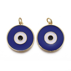 Real 18K Gold Plated Brass Enamel Pendants, with Jump Rings, Long-Lasting Plated, Flat Round with Midnight Blue Evil Eye, Real 18K Gold Plated, 22.5x20x2~2.5mm, Hole: 3mm