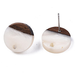 WhiteSmoke Resin & Walnut Wood Stud Earring Findings, with 304 Stainless Steel Pin, Flat Round, WhiteSmoke, 14mm, Hole: 1.8mm, Pin: 0.7mm
