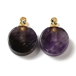 Amethyst Natural Rose Quartz Perfume Bottle Pendants, Flat Round Charms with Golden Plated 304 Stainless Steel Findings, 27.5x20x7~7.5mm, Hole: 2mm