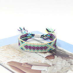 Beige Bracelet cordon polyester tressé motif losange, bracelet brésilien réglable ethnique tribal pour femme, beige, 5-7/8 pouce (15 cm)