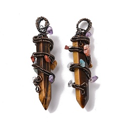 Tiger Eye Natural Tiger Eye Pointed Big Pendants, with Red Copper Plated Rack Plating Brass Findings and Mixed Stone Chip Beads, Cadmium Free & Lead Free, Faceted, Bullet Charm, 64~68x16~17x16~17mm, Hole: 7.5mm