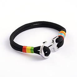 Noir Bracelets multi-rangs en corde cirée, avec des agrafes en alliage d'ancrage, platine, noir, 210x8x3.5mm