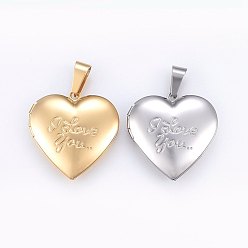 Mixed Color 304 Stainless Steel Locket Pendants, Heart with Word I Love You, For Valentine's Day, Mixed Color, 29x29x6.5mm, Hole: 9x5mm, Inner Size: 22x17mm
