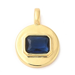 Marine Blue Brass with Cubic Zirconia Pendants, Real 16K Gold Plated, Flat Round Charm, Marine Blue, 20.5x15x4mm, Hole: 4x2.5mm