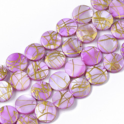 Medium Orchid Drawbench Freshwater Shell Beads Strands, Dyed, Flat Round, Medium Orchid, 10.5~11.5x2~3mm, Hole: 1mm, about 32pcs/Strand, 14.17 inch~14.45 inch