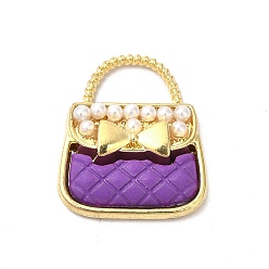 Dark Violet Alloy Enamel Charms, with ABS Plastic Imitation Pearl Beads, Cadmium Free & Nickel Free & Lead Free, Golden, Handbag with Bowknot Charm, Dark Violet, 18.5x16x4.5mm, Hole: 4.5x8mm