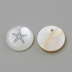 Platinum Freshwater Shell Pendants, Flat Round & Starfish/Sea Stars, Platinum, 16x3.5~4mm, Hole: 1.2mm