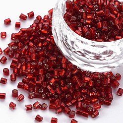 Rouge Foncé 8/0 perles de bugle de verre, Argenté, rouge foncé, 2.5~3x2.5mm, Trou: 1mm, environ 15000 pcs / livre