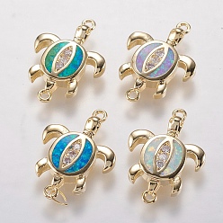 Mixed Color Brass Links connectors, with Synthetic Opal and Cubic Zirconia, Sea Turtle, Golden, Mixed Color, 19.5x13.5x2.5mm, Hole: 1mm
