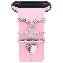 Crystal Rectangle Alloy Watch Band Charms Set with Crystal Rhinestone, Watch Band Studs Decorative Ring Loops, Pink, 2.2x0.35cm, 4pcs/set