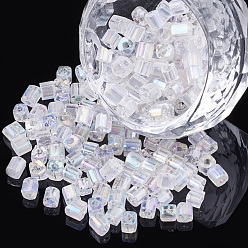 Clair AB Perles de rocaille en verre, couleurs transparentes arc, trou carré, cube, clair ab, 3~3.5x3~3.5x3~3.5mm, trou: 2 mm, sur 450 g / sac
