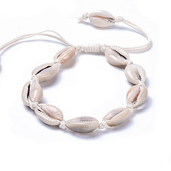 White Adjustable Cowrie Shell Anklets, with Waxed Cotton Cords, White, 2-3/8 inch(6.2cm)
