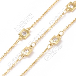 Real 18K Gold Plated Clear Cubic Zirconia Square Link Chains, with Brass Findings, Unwelded, Cadmium Free & Nickel Free & Lead Free, Real 18K Gold Plated, 9x5x1.5mm