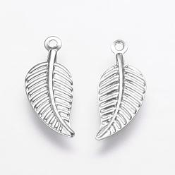 Stainless Steel Color Stainless Steel Charms, Leaf, Stainless Steel Color, 14x6x0.5mm, Hole: 1mm