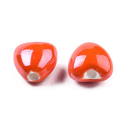 Orange Red Pearlized Handmade Porcelain Beads, Heart, Orange Red, 10x10x7mm, Hole: 1.8mm