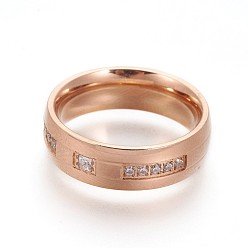 Rose Gold 304 Stainless Steel Finger Rings, Wide Band Rings, with Cubic Zirconia, Real Rose Gold Plated, Size 6~9, 16~19mm