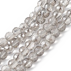 Gris Foncé Transparentes perles de verre de galvanoplastie brins, à facettes (96 facettes), ronde, perle plaquée lustre, gris foncé, 7.5~8x7mm, Trou: 1.2mm, Environ 70~72 pcs/chapelet, 20.08~20.47 pouce (51~52 cm)