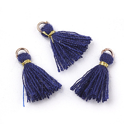 Midnight Blue Polycotton(Polyester Cotton) Tassel Pendant Decorations, Mini Tassel, with Iron Findings and Metallic Cord, Light Gold, Midnight Blue, 10~15x2~3mm, Hole: 1.5mm
