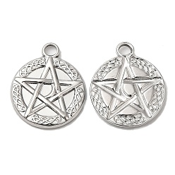 Stainless Steel Color 304 Stainless Steel Pendants, Flat Round with Star Charm, Stainless Steel Color, 20x17x2mm, Hole: 3mm