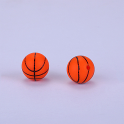 Naranja Rojo Redondo impreso con cuentas focales de silicona con patrón de baloncesto, rojo naranja, 15x15 mm, agujero: 2 mm