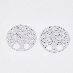 Platinum Brass Links connectors, Etched Metal Embellishments, Long-Lasting Plated, Flat Round with Tree of Life, Platinum, 16x0.3mm, Hole: 1mm