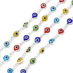 Silver Handmade Flat Round Brass Lampwork Evil Eye Beaded Chains, Unwelded, with Spool, Silver Color Plated, 13x7x2mm, about 16.4 Feet(5m)/roll