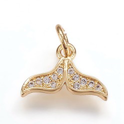Golden Brass Micro Pave Cubic Zirconia Charms Pendants, Whale Tail Shape, Golden, 9x13x2mm, Hole: 3mm